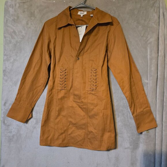 A.L.C. Rust Brown Cotton Long-Sleeve Dress Lace-Up Detailing/ Button Closure   2 - Picture 2 of 6